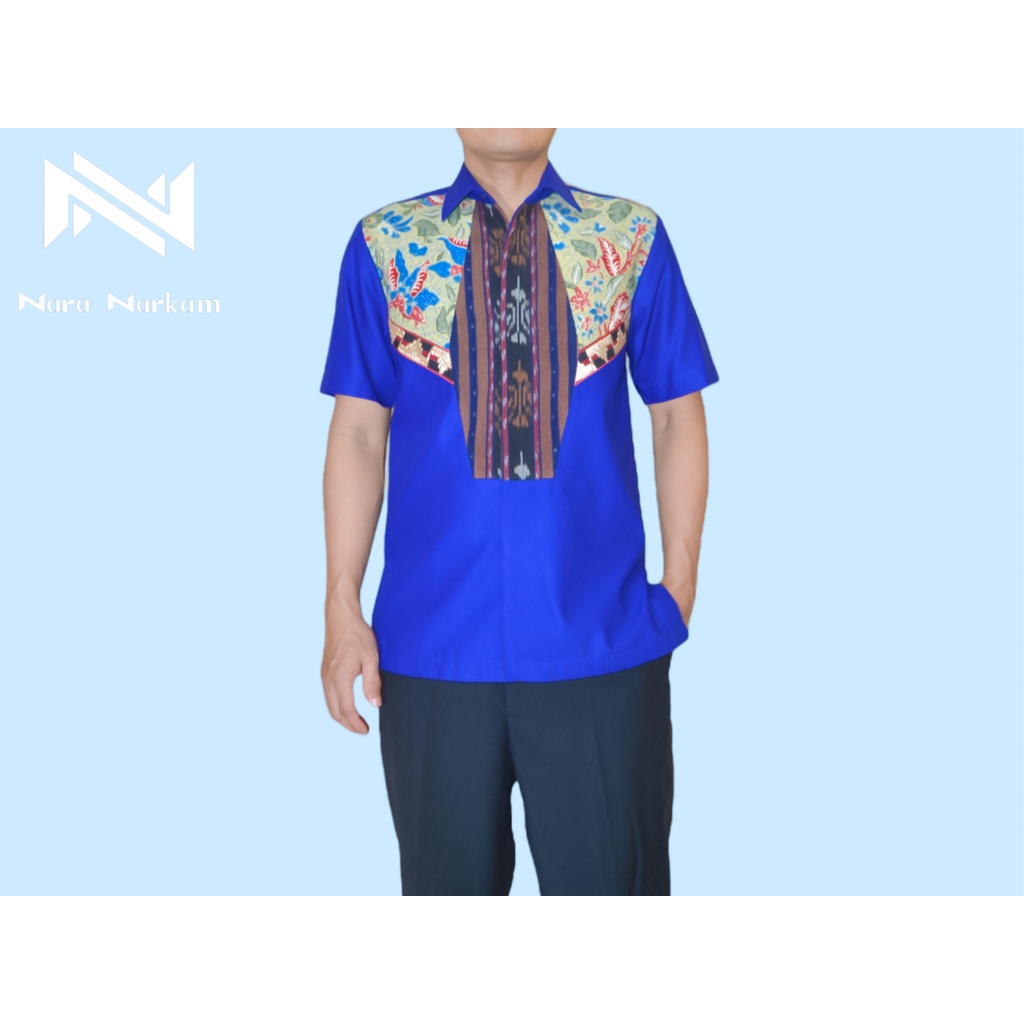 Kemeja Batik Pria Tenun Motif Blue Tapis Lampung Etnik