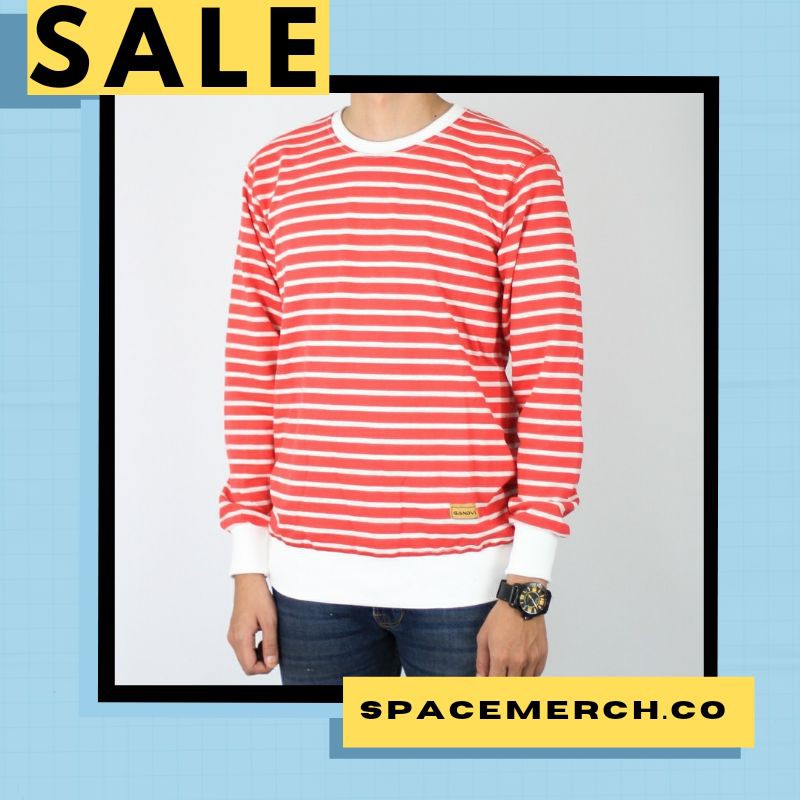 sweater crewneck pria salur stripe merah putih