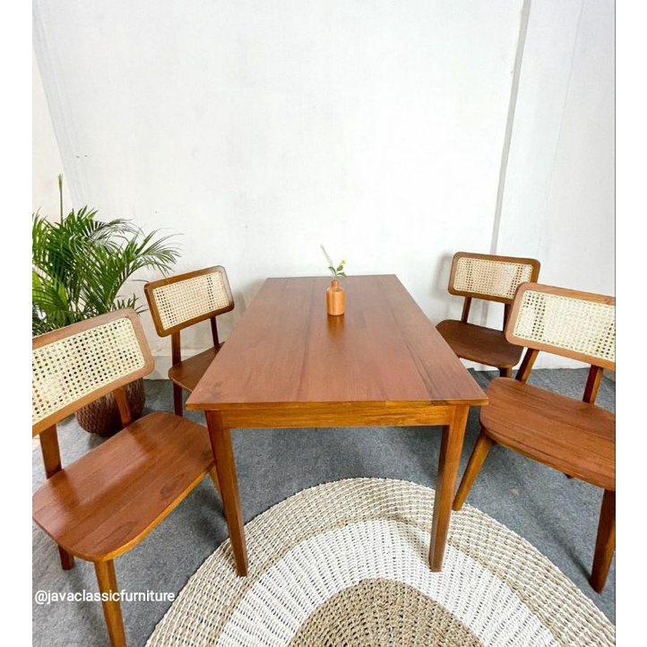 KURSI MEJA MAKAN ROTAN CAFE RETRO MINIMALIS RESTO 1 SET KAYU JATI VINTAGE FURNITURE MURAH DINNING CHAIR RUANG TAMU UNIK ANTIK-1
