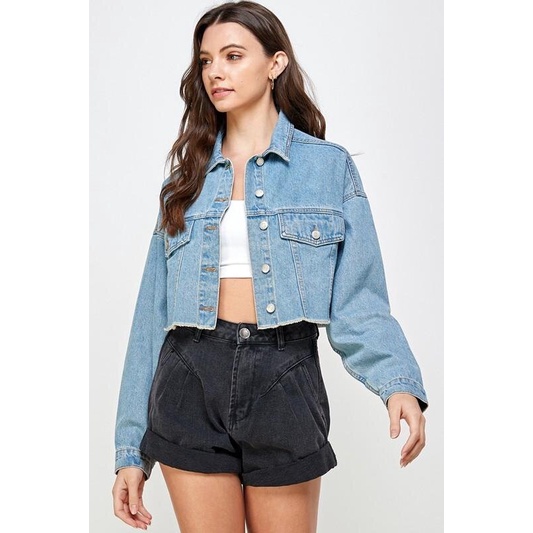 Jaket Jeans Denim Crop Oversize LD 100 - 140 cm I Jaket Sandwash Snow Acid Bianca I Cropped Denim Jacket | jaket jumbo | jaket korean oversize | jaket jeans oversize | jaket jumbo