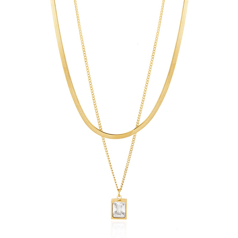 Square diamond liontin kalung double layer twin titanium baja berlapis 14 gold rantai sederhana data