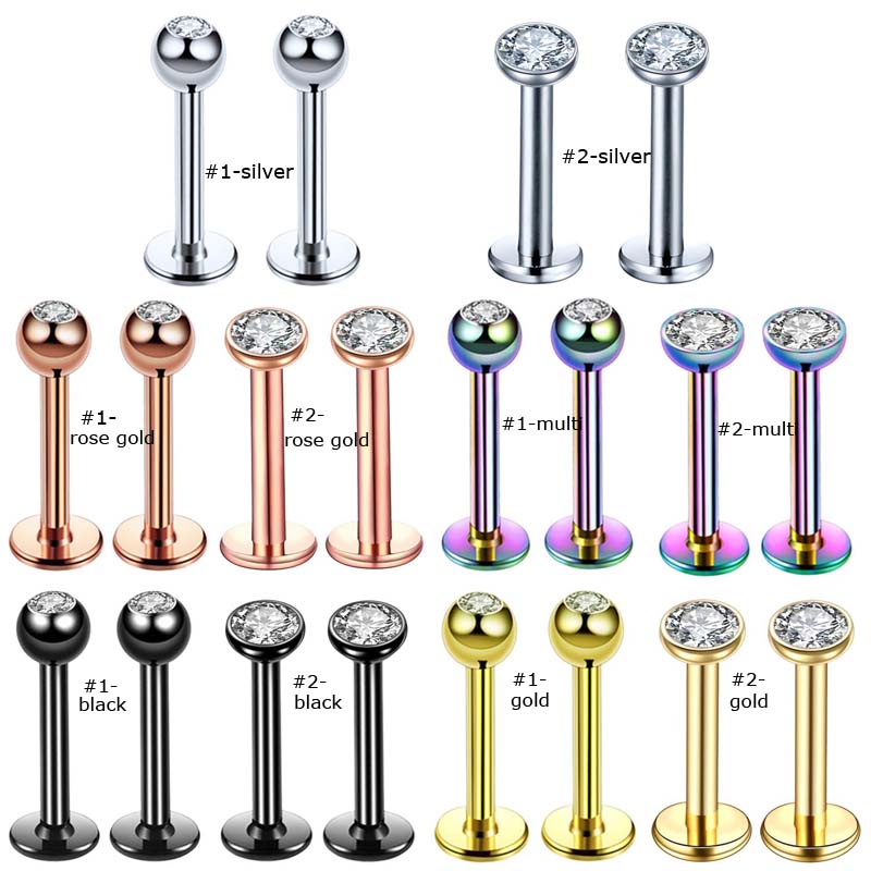 1 Pc Anting Tindik Bibir Model Flat Top Helix Tragus Bahan Stainless Steel 16Gauge Dengan Zircon