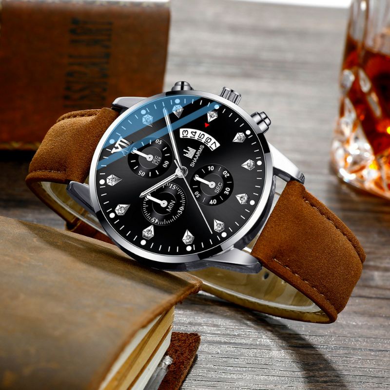 Jam Tangan Pria Kulit Anti Air Original Sharms Fashion Casual Quartz Luxury Leather Men Watch Simple Glow in the dark water resistence Arloji Pria