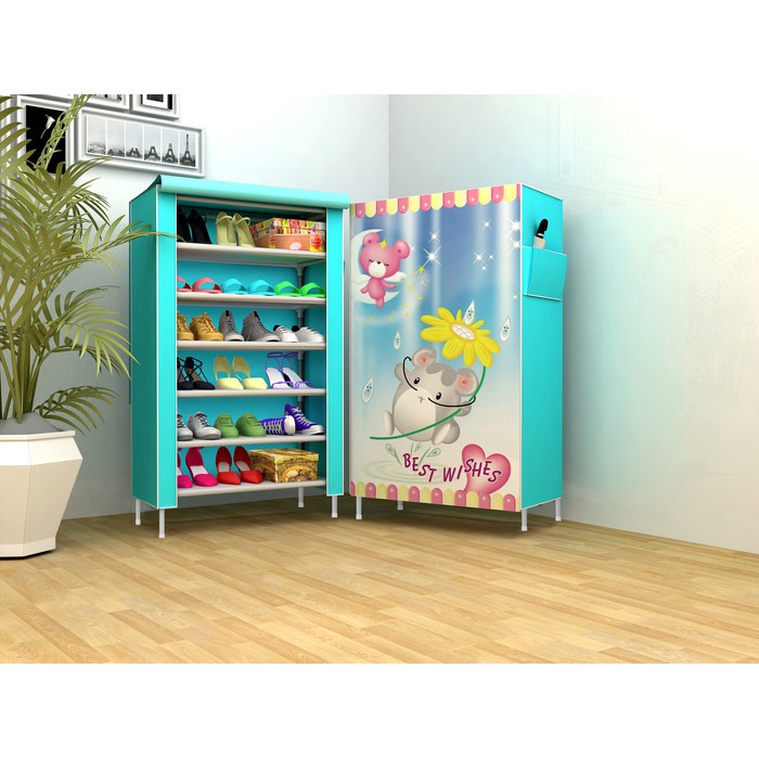 lemari portable sepatu rak rakit sepatu motif love bunga pink