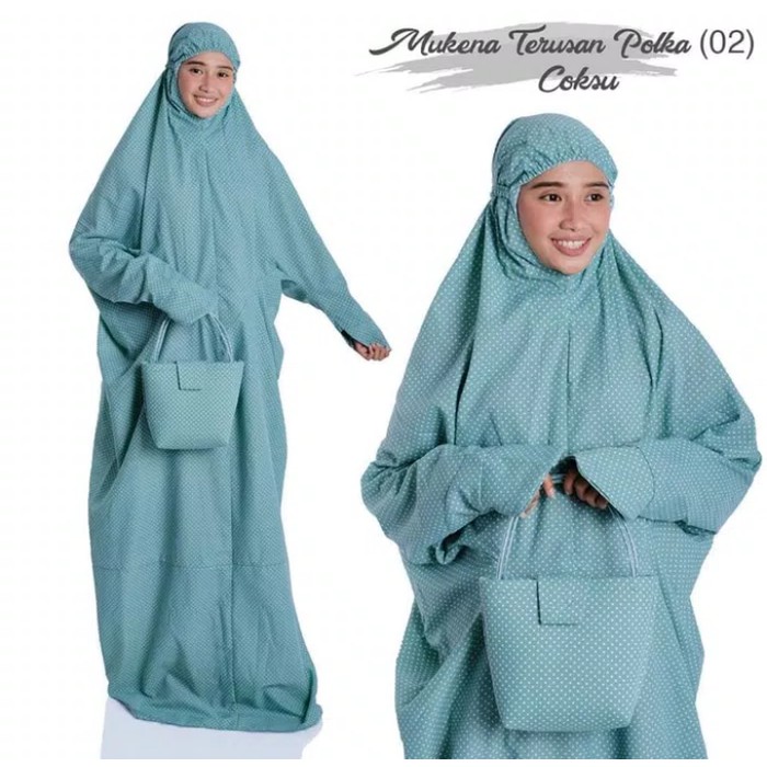 New Mukena Langsung Polkadot Biru / Mukena Terusan Polkadot / Mukena