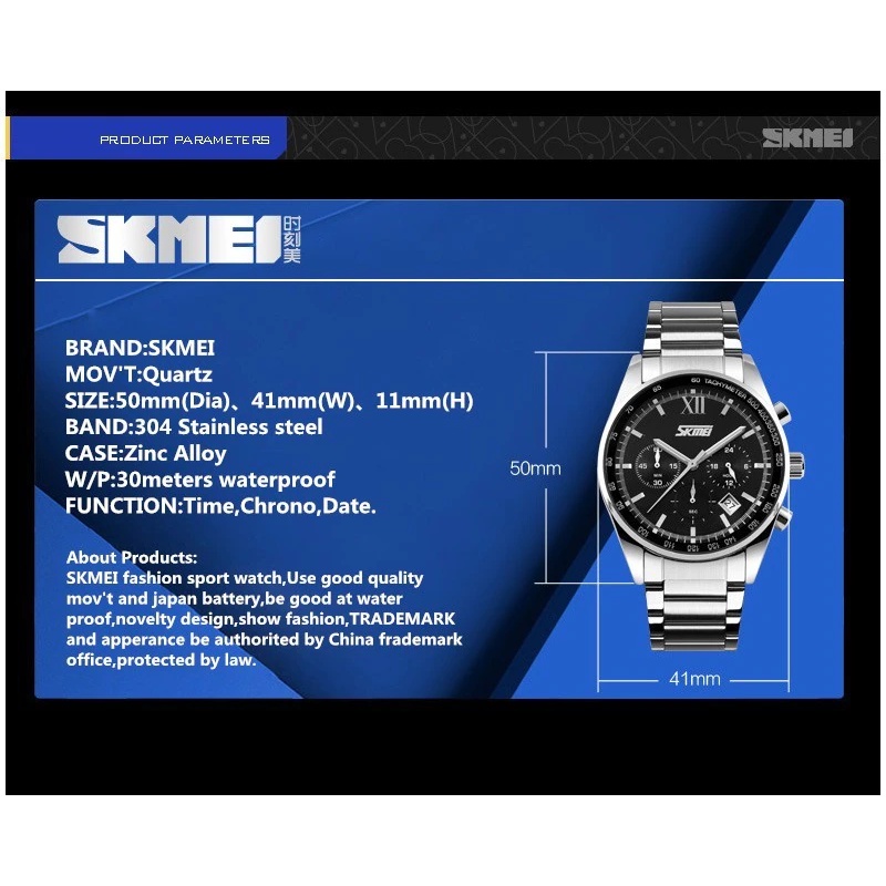 Jam Tangan Pria / SKMEI 9096 Analog Date Chrono aktif / Stainless Steel Analog Original / SKMEI