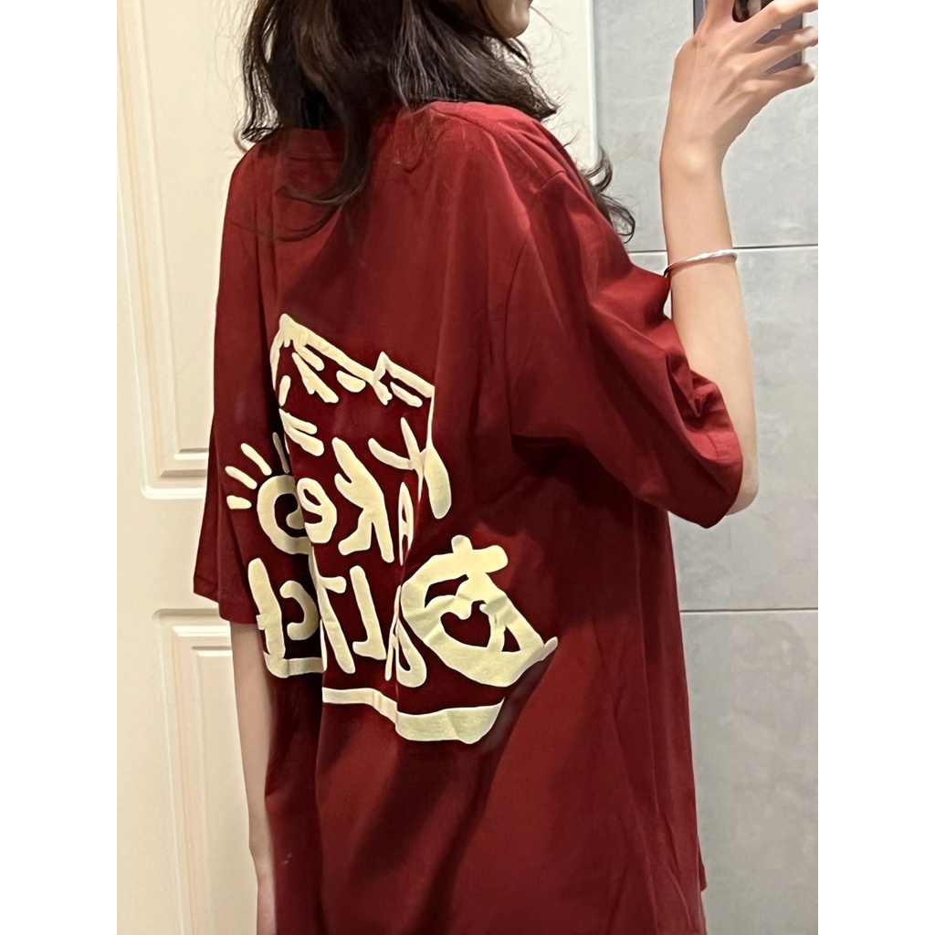 【 Penawaran Istimewa 】Kaos Atasan Wanita Wine Red Premium / Import Fashion T-shirt Tee / Kerah Bulat Baru Original Baju Atasan Wanita