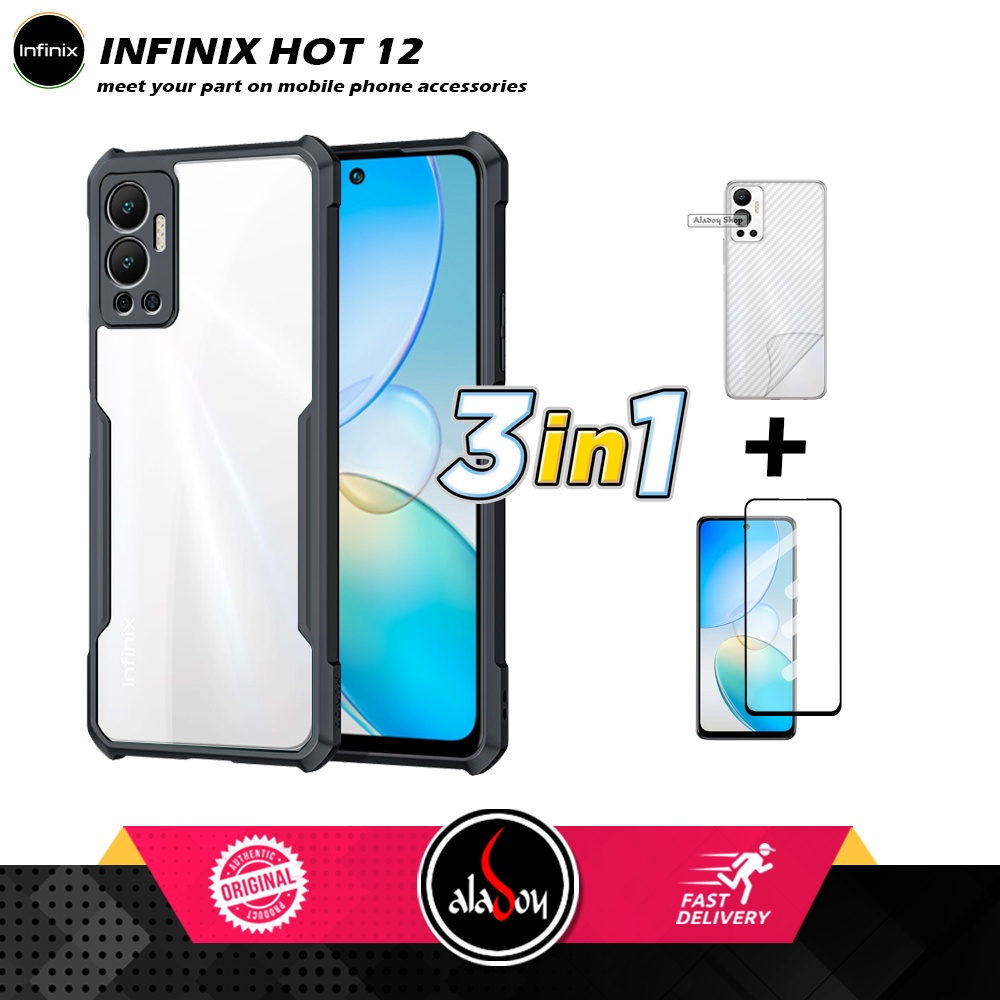 Case Infinix Hot 12 2022 Armor Fushion Transparent Casing + Tempered Glass Full Layar dan Skin Carbon