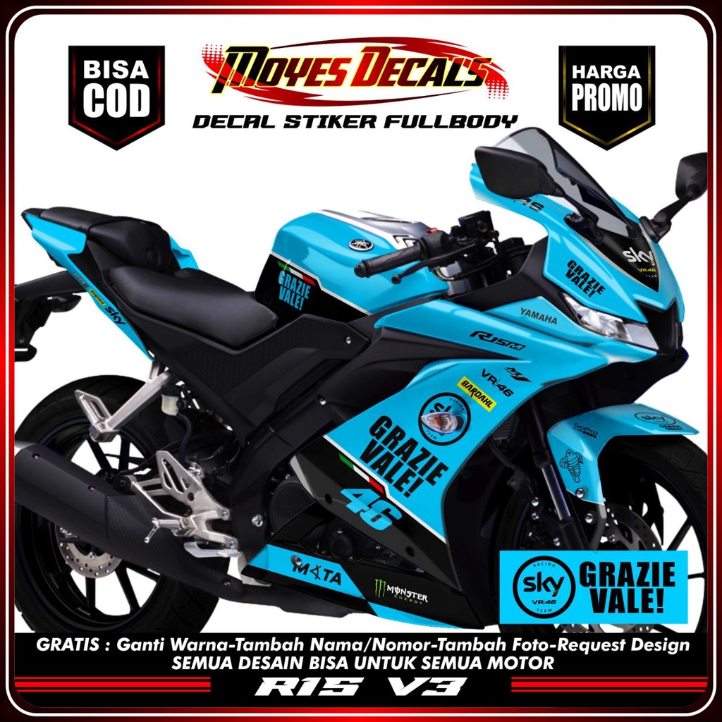 ⭐⭐⭐⭐⭐. Stiker Decal fullbody Motor Yamaha R15 V3 Full Body Terbaru Motif SKY-46 Warna Biru Muda