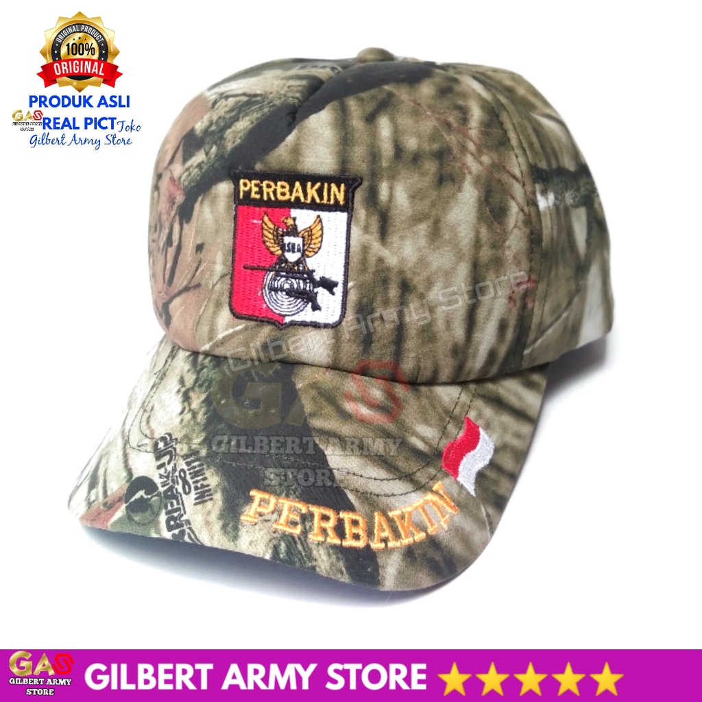 GILBERT ARMY STORE Topi Loreng Camo Perbakin Terbaru Logo Bordir Military Outdoor Camping Motif Daun Berburu Realtree Grosir Premium Murah