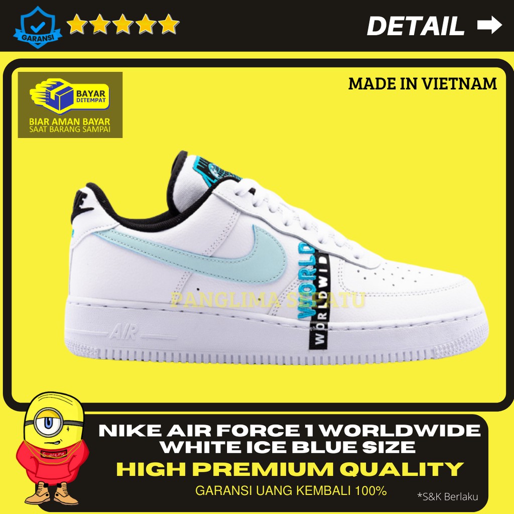SEPATU SNEAKERS PRIA NIKE AIR FORCE 1 WORLD WIDE WHITE ICE BLUE PREMIUM ORIGINAL