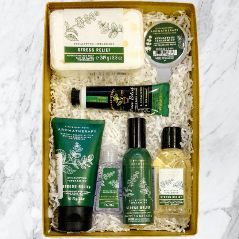 BBW AROMATHERAPHY STRESS RELIEF EUCALYPTUS SPEARMINT TRAVEL SIZE GIFT SET PAKET BATH &amp; BODY WORKS