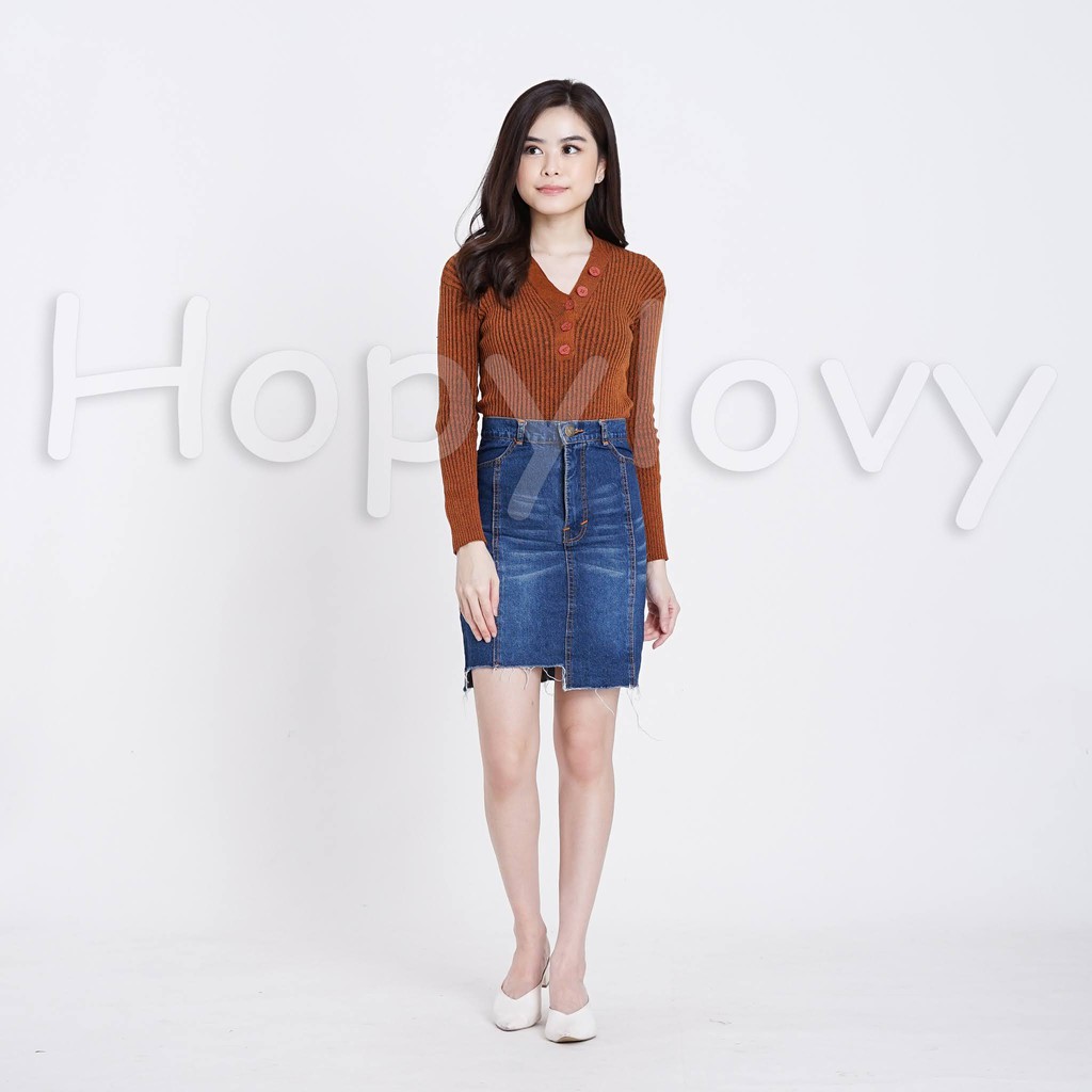 HOPYLOVY - Atasan Wanita Kerah V Rajut Yoana Knit Buttons