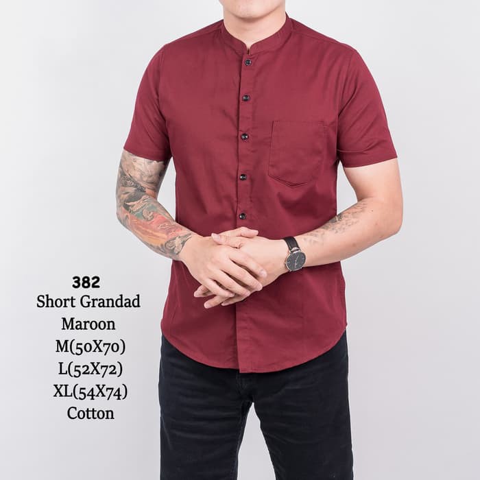kemeja pria maroon merah kerah shanghai koko slimfit baju kerja - Hitam M