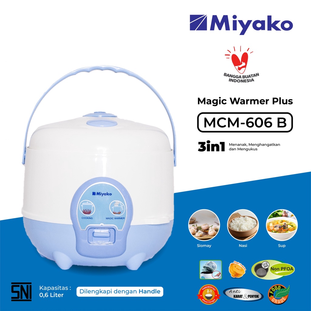 Miyako MCM606B Rice Cooker Mini / Magic Com Kecil 0.6 Liter 3 in 1 Bonus Gelas Ukur dan Sendok Nasi