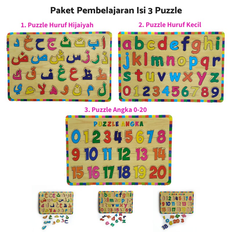 Rapid Toys Isi 3 / Paket Puzzle Kayu Edukasi Edisi Baru / Huruf Hijaiyah Huruf Kecil Dan Angka