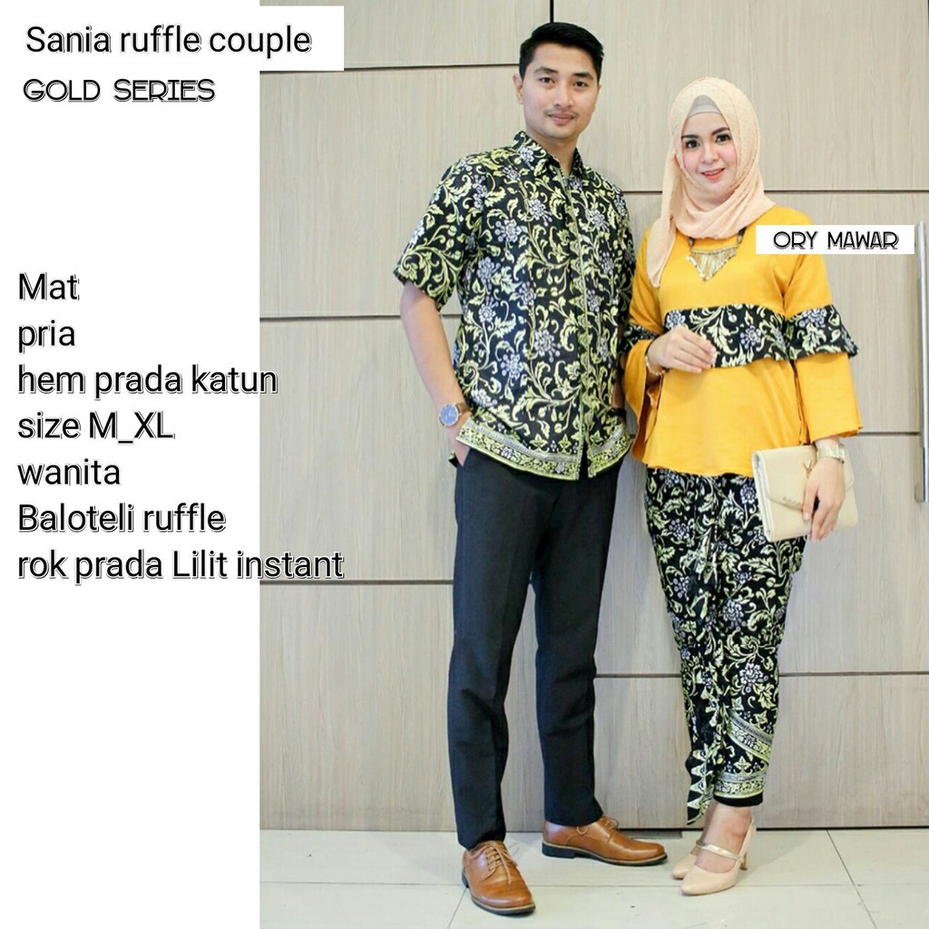 Sarimbit Batik Elegant Couple Sania Mawar ruffle - Warna Ungu, Tosca, Late, Biru, Kuning - M L XL