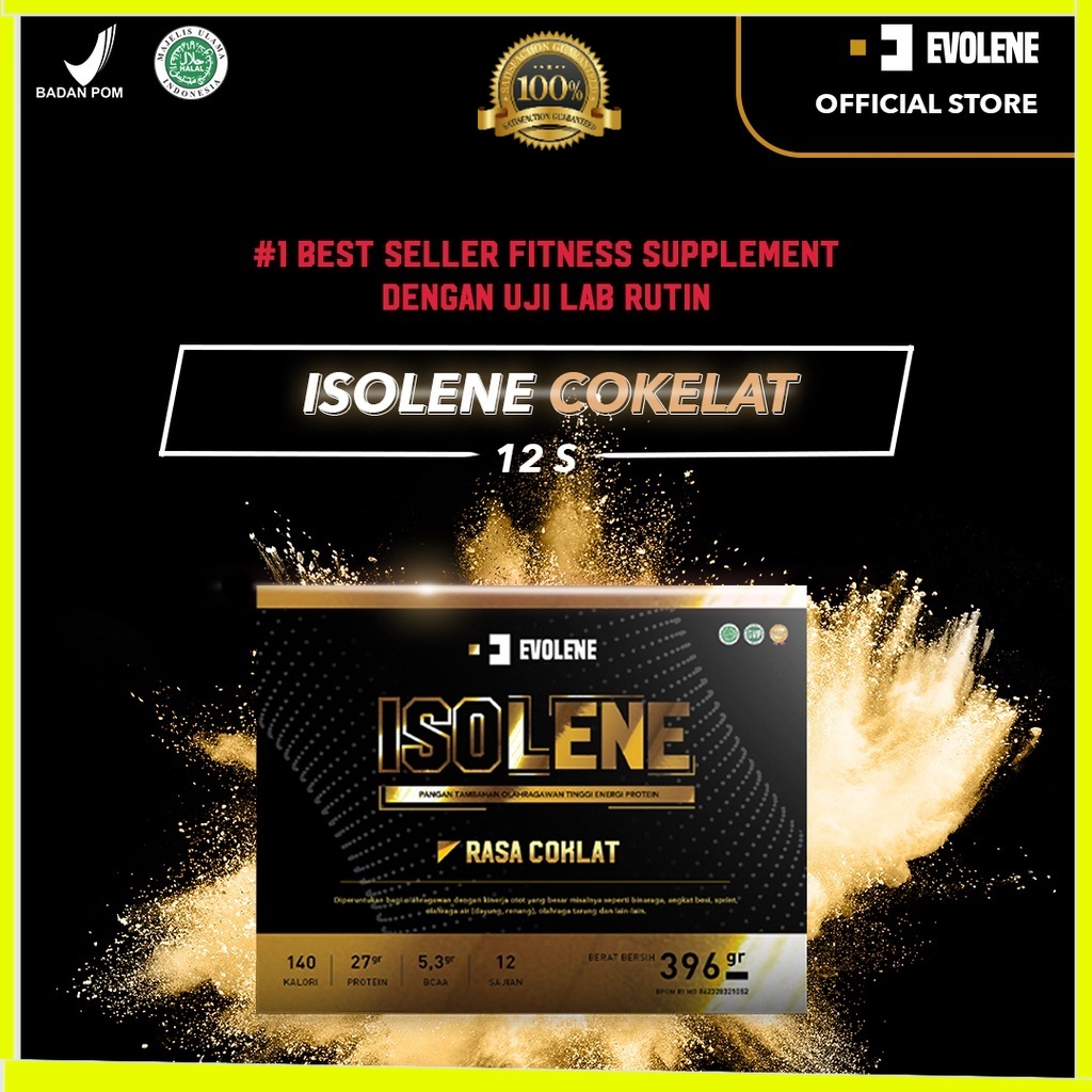 Isolene Coklat 396gr/12 Sachet Kualitas Premium - Suplemen fitness pembentuk Otot - Defisit kalori - Susu Protein - Suplemen Fitness - Minuman Protein - Suplemen Workout - Whey protein isolate Evolene Evoline Evolen