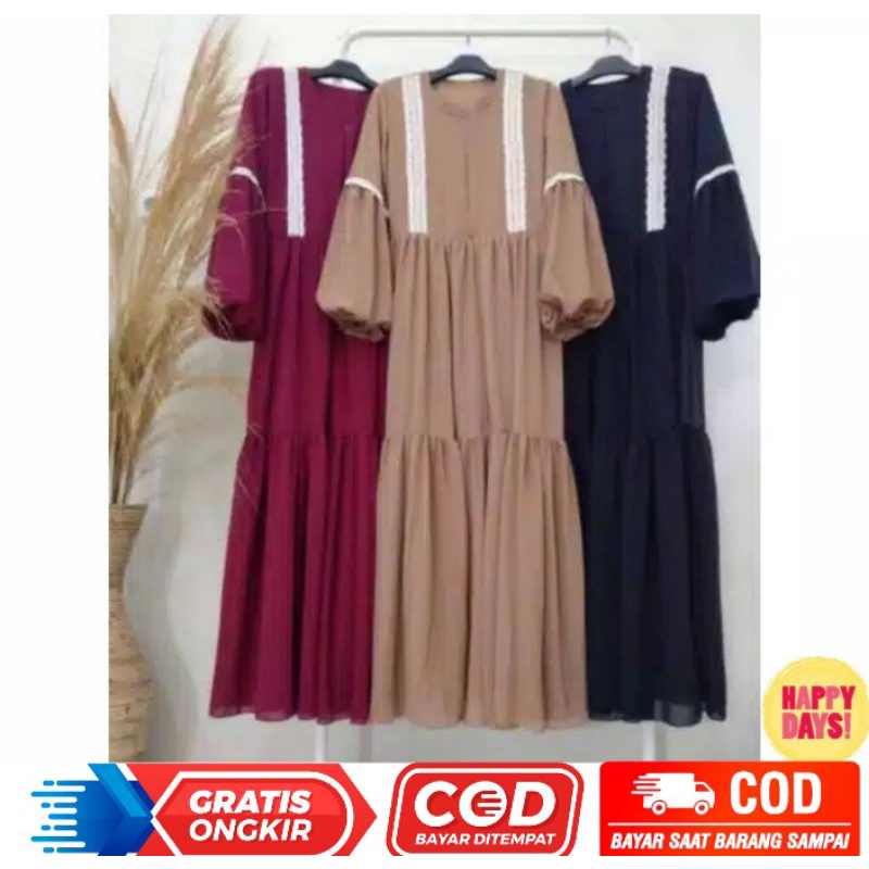 Salsa Dress / Gamis Ceruty Babydoll Terbaru Full Puring Aplikasi Renda / Fashion Wanita Muslim / Gam