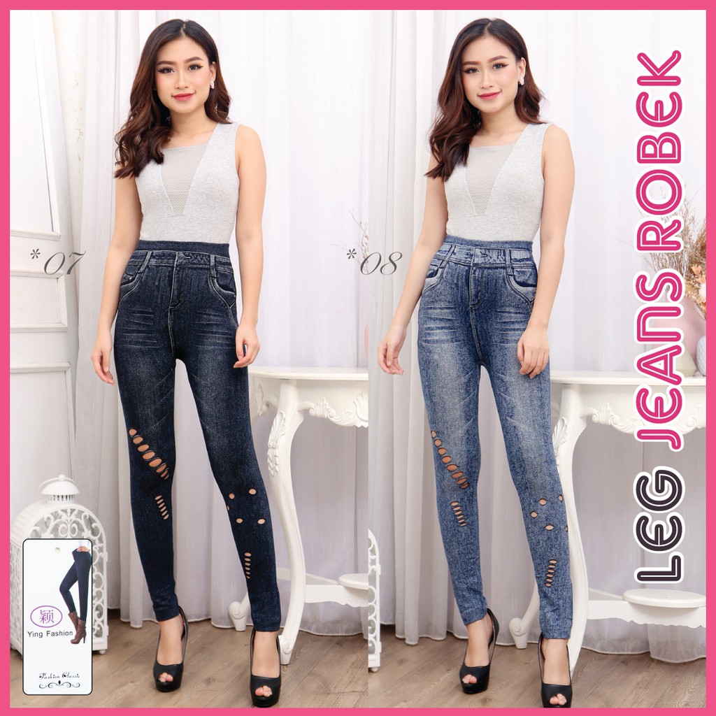 COD Celana  Legging  Jeans Robek Import Jumbo Wanita  