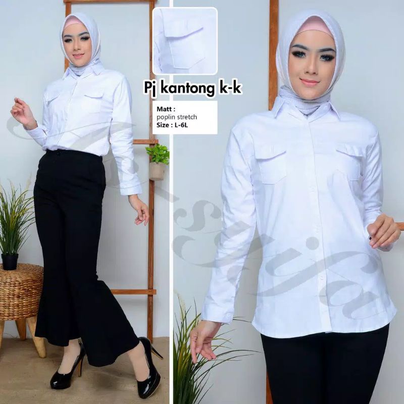 KEMEJA KERJA WANITA PUTIH POLOS KATUN STRECTH TEBAL