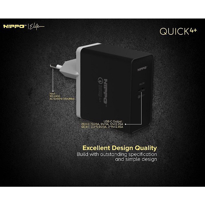 Hippo Adaptor Quick4+ PD 27W Quick Fast Charging 4.0 Travel Adapter Kepala Casan Colokan Charger Rumah type C Power Delivery QC Port Output USB C