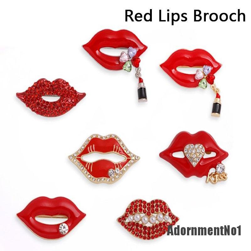 (Adornmentno1) Bros Pin Bentuk Bibir Merah Aksen Berlian Imitasi Untuk Wanita