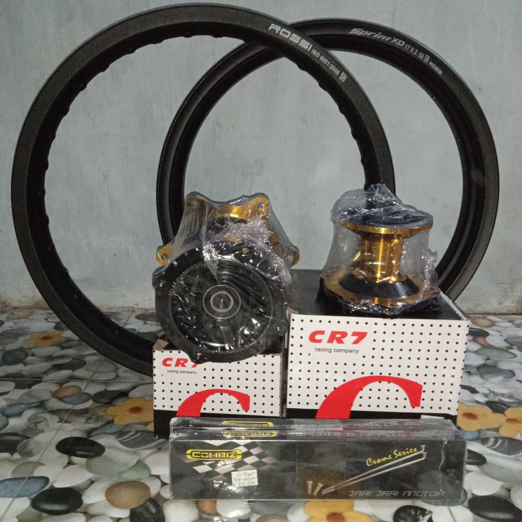 Wheell Supermoto Roda set CRF. Tromol set CRF hole 36 gold-black.Ruji set dpn + blk hitam.