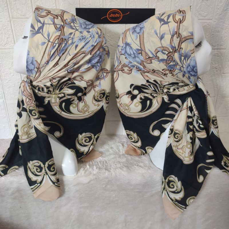 HIJAB SEGI EMPAT VOAL MOTIF BUNGA CREAM HITAM KERUDUNG JILBAB MURAH