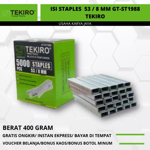 

Isi Staples Tembak Ukuran 53/8mm GT-ST1988 Isi 500/pcs TEKIRO Original Terbaru Staples Tembak/Refil Staples Tembak / Gun Treker Staples Tembak TEKIRO Refil 8MM Staples Tembak TEKIRO 4-8MM @Usaha Karya Jaya