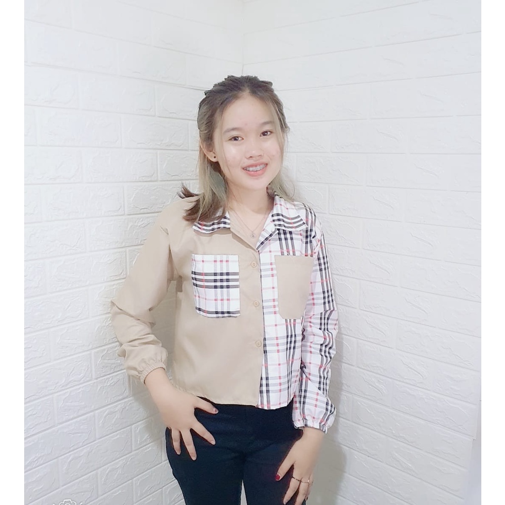 RILLO - PROMO MIKA CROP TOP BLOUSE / KEMEJA WANITA CROP TARTAN-KOTAK PUTIH BB