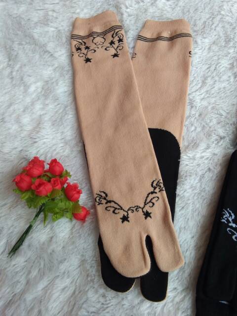 Kaos Kaki Jempol Wanita Muslimah Motif Mahendi (Nylon Spandex, Tapak Hitam, Size L, Panjang, Murah)