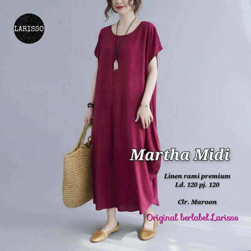 Martha midi dress katun linen lengan pendek jumbo ld 120 xxl