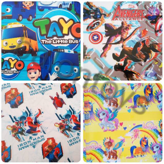 

5 LEMBAR KERTAS KADO KARAKTER TAYY0 BUS AVENGERS IRON MAN UNICORN KERTAS KADO GLOSSY KERTAS KADO TEBAL