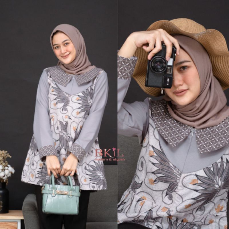 tey-17 Batik wanita ASJ SA HRB026 Kenongo Kemeja Tosca Pendek-Alam abu bkil