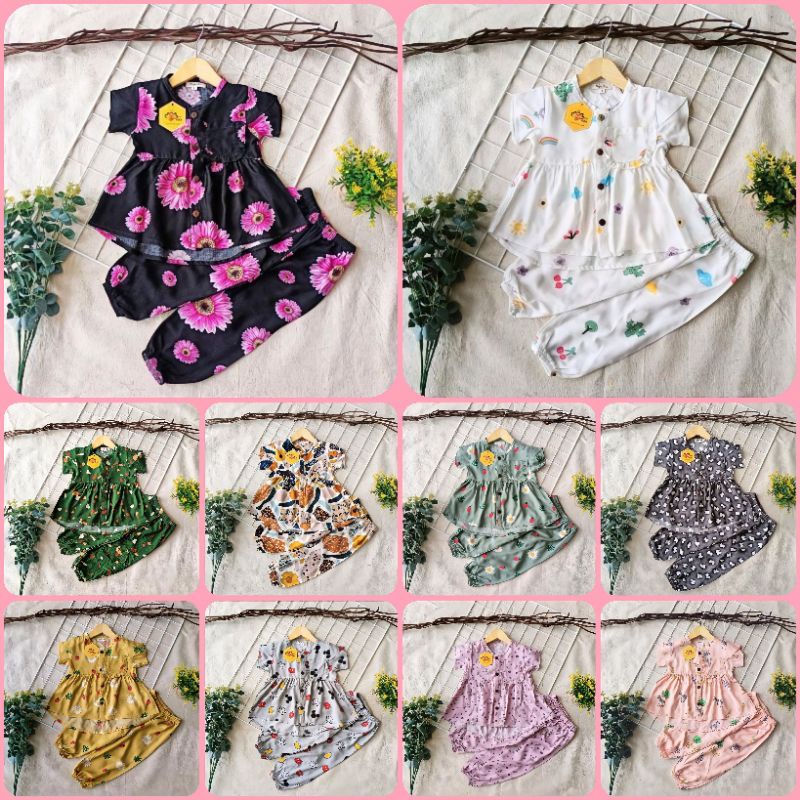 Set Setelan Rayon Anak Perempuan Cewek Lengan Pendek Mybee Kymberli Usia 1 - 4 Tahun