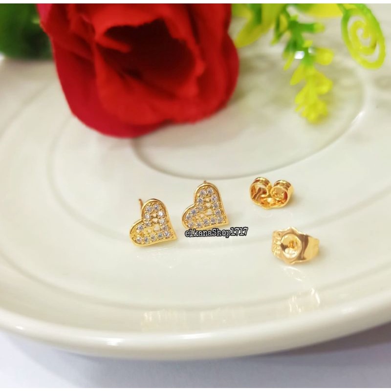 ANTING GIWANG DESAIN LOVE PERMATA ZIRCON ELEGAN ANTI KARAT LOGAM EMAS