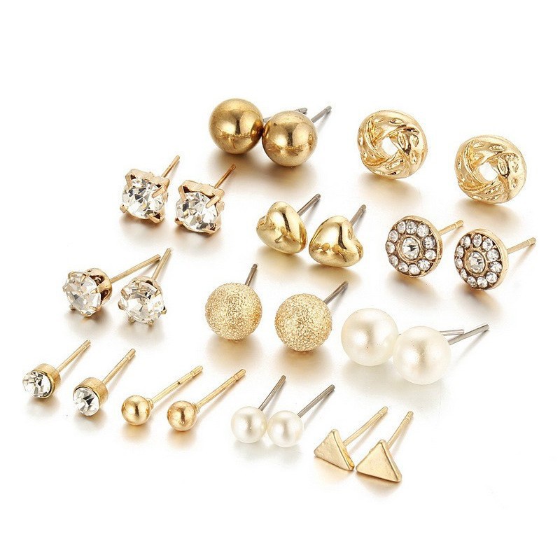 HC Anting 12 Pairs Satu Set Pearl Crystal Stud Triangle Bar Ear Ring Set Jewelry Murah-5