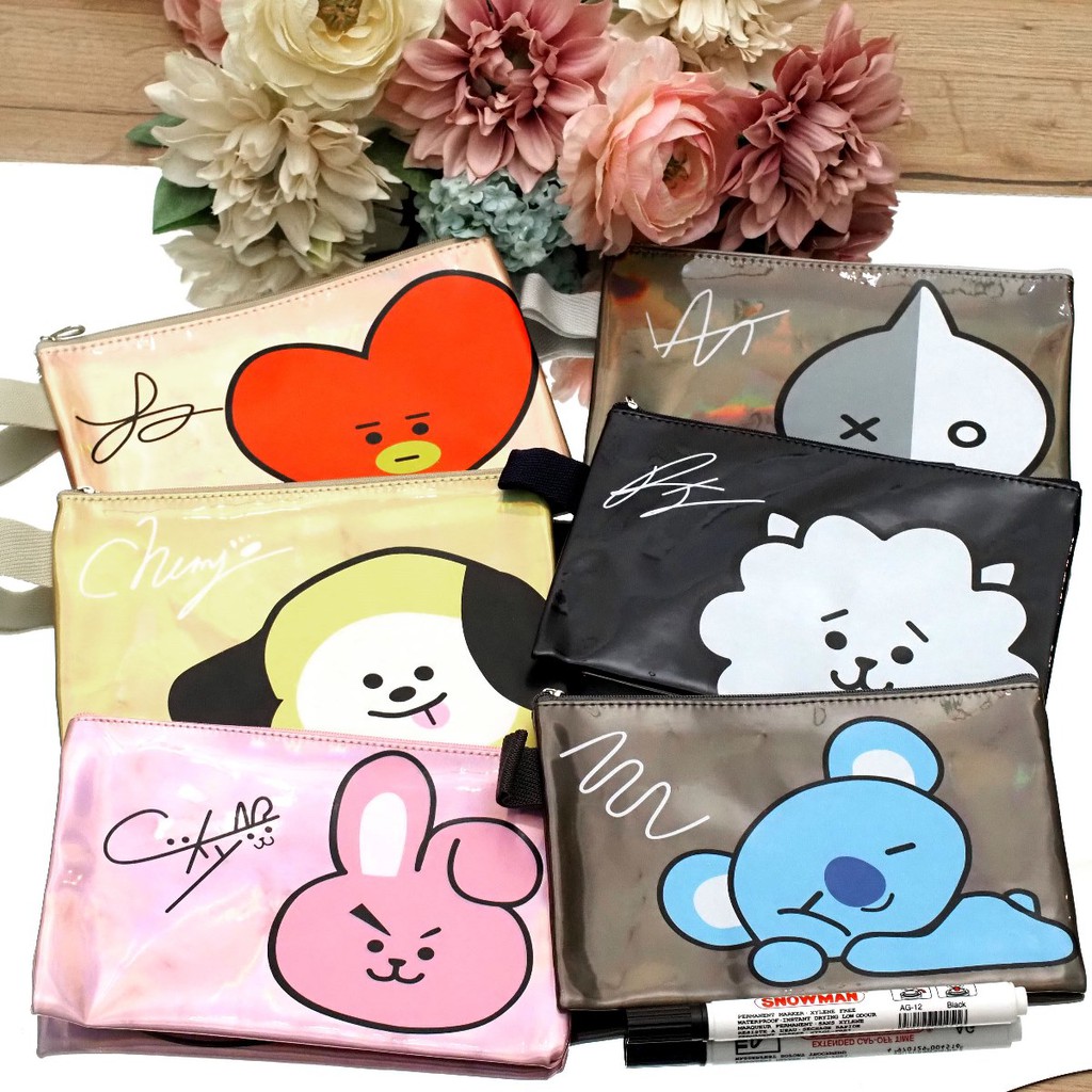 Dompet Karakter BT21 / Tempat Pensil Karakter BTS / Dompet Hologram Metalik Kilap Import