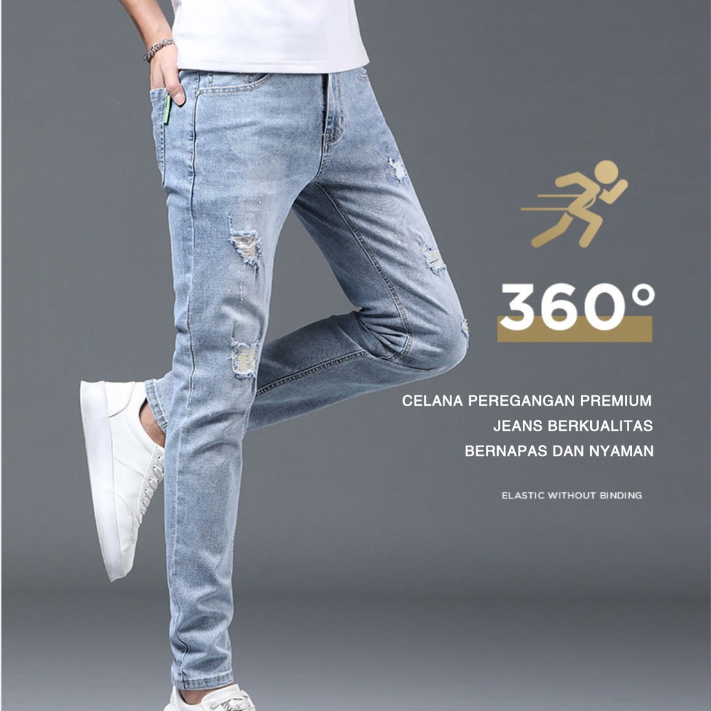 Celana Jeans Pria SLIM FIT STANDAR STRETCH SOBEK Korean Style Biru Muda Original Cowok Pensil Denim Skinny Laki Laki Dewasa Big Size