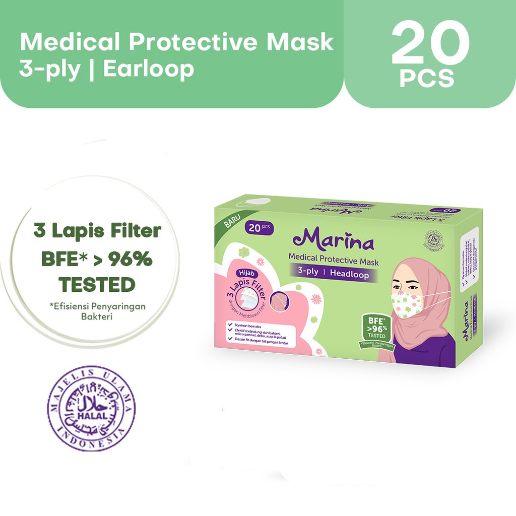 Masker Headloop Medis Marina BFE 96% isi 20pcs