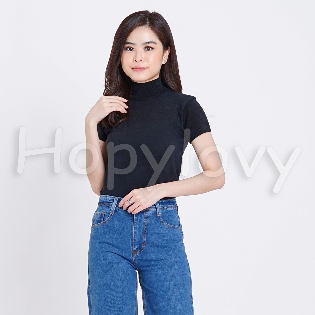 HOPYLOVY - Atasan Rajut Wanita Turtleneck / Kerah Tinggi Lengan Pendek Nadira-Hitam