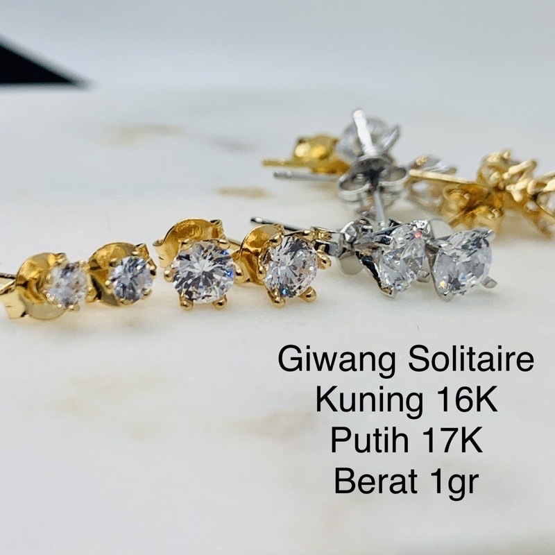 Giwang Anting Solitaire Mata Satu Zircon Emas Asli Kuning Putih Kadar 700 70% 750 75% 1 gr gram