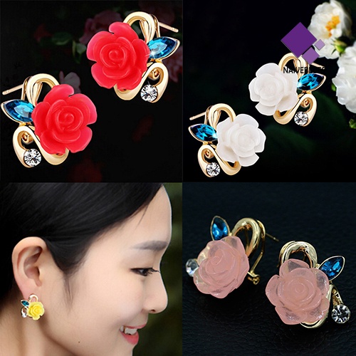 Anting Stud Bentuk Bunga Bahan Resin Aksen Berlian Imitasi Untuk Wanita