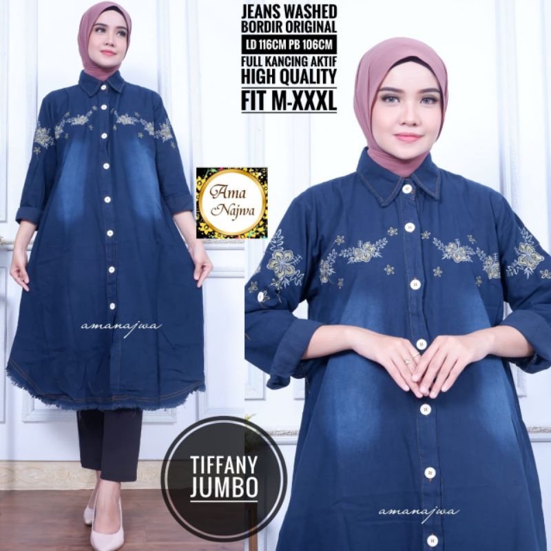 LONG TUNIK JEANS BORDIR MOTIF IMPORT LD 110 116 130 FIT XXXL BUSUI BAJU GROSIR TERBARU 202q2 /BAJU A