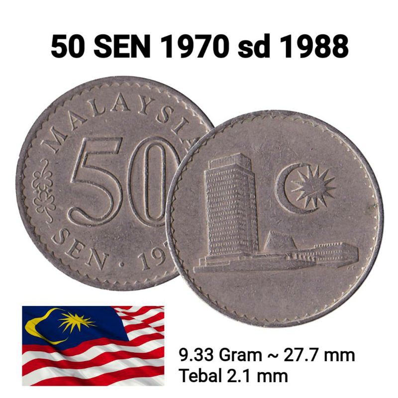 MALAYSIA 50 SEN 1970-88 GEDUNG PARLEMEN KOIN MALAYSIA 50 SEN AGONG