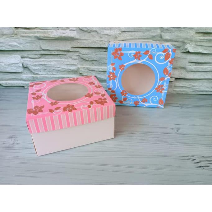 

10 Cake Box Dus Kue Tart Ivory Bunga Pink / Biru 22X22X12Cm / Iv222212