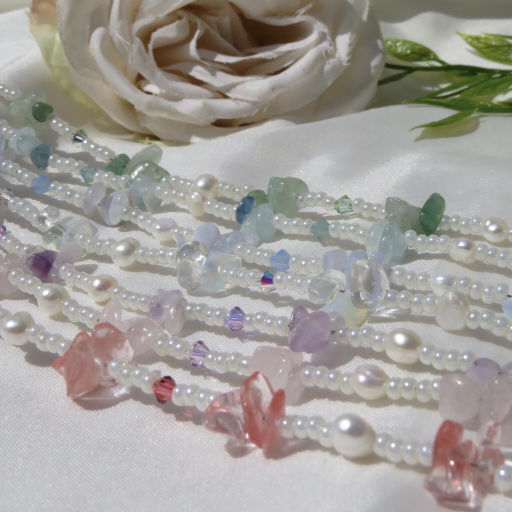 Kalung Manik Manik Choker Crystal Batu Alam / Bead Necklace Crystal Opalite Rose Jade Amethyst Adven