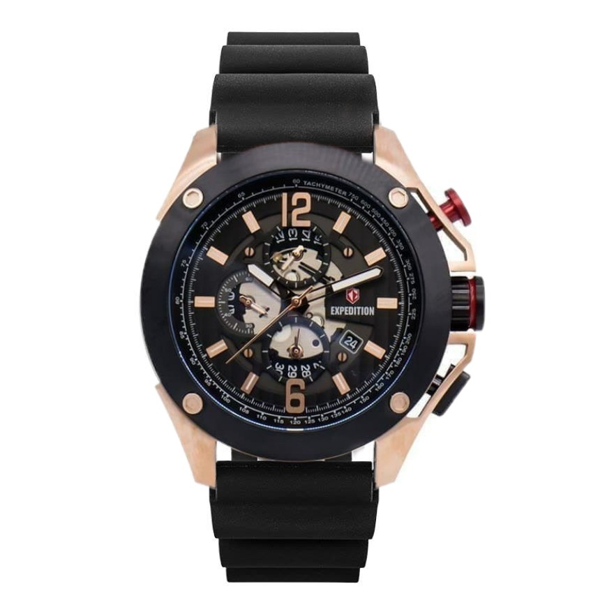 JAM TANGAN PRIA EXPEDITION 6697 E6697 ROSEGOLD BLACK RUBBER ORIGINAL GARANSI RESMI 1 TAHUN