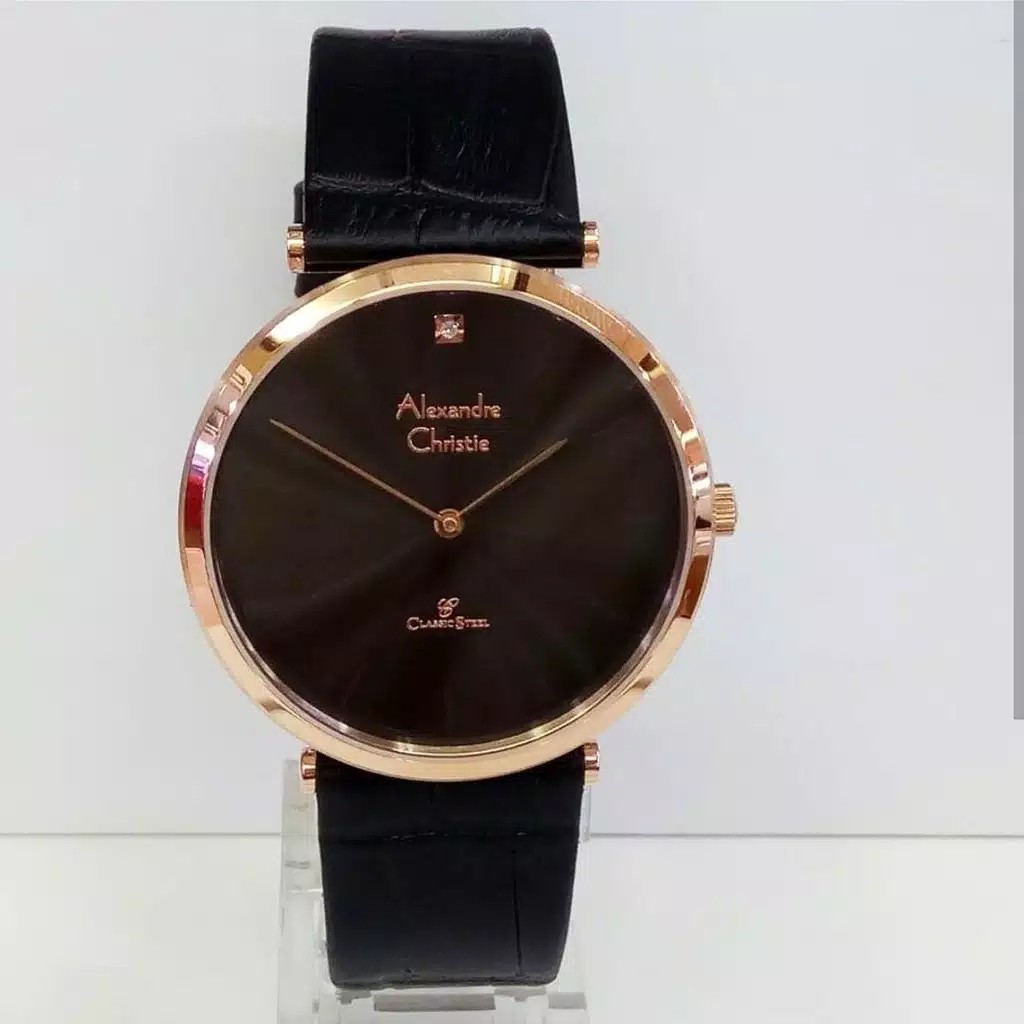 AC alexandre Christie AC 8577 jam tangan pria original  tali kulit black rosegold